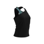 Black ladies’ athletic singlet featuring a breathable mesh back panel.