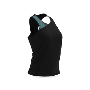 Black ladies’ athletic singlet featuring a breathable mesh back panel.
