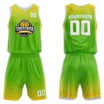 Custom green and yellow basketball jersey and shorts set with team name and player number on front and back.