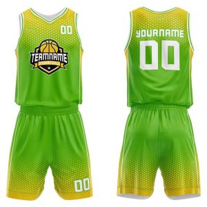 Custom green and yellow basketball jersey and shorts set with team name and player number on front and back.