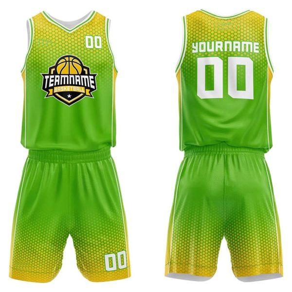 Custom green and yellow basketball jersey and shorts set with team name and player number on front and back.