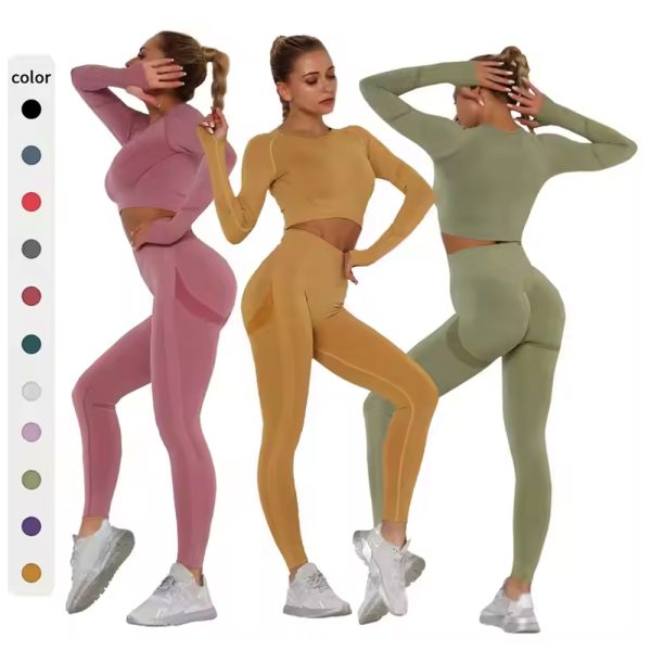 Seamless 2-piece activewear set for women with crop top and leggings in rose, mustard, and sage green