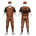 Orange and black pinstripe custom baseball uniform set with short sleeve jersey, white undershirt, and cap