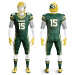 Green American football uniform with yellow accents and white detailing, shown on mannequin from front and back, includes helmet, gloves, and full kit.