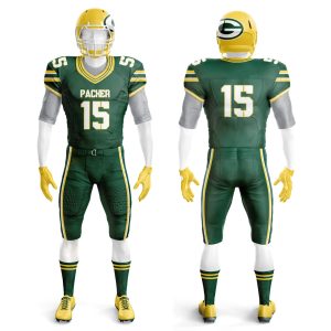 Green American football uniform with yellow accents and white detailing, shown on mannequin from front and back, includes helmet, gloves, and full kit.