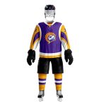 Purple and gold ice hockey uniform with mascot logo and matching gear.