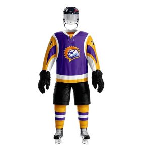 Purple and gold ice hockey uniform with mascot logo and matching gear.