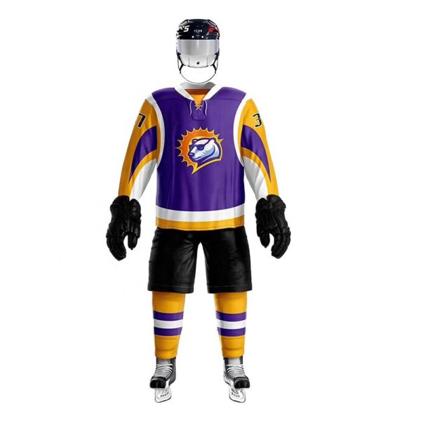 Purple and gold ice hockey uniform with mascot logo and matching gear.