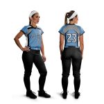Front and back view of a women's custom softball uniform in blue, black, and white with Crystal Lake Comets logo and number 23.