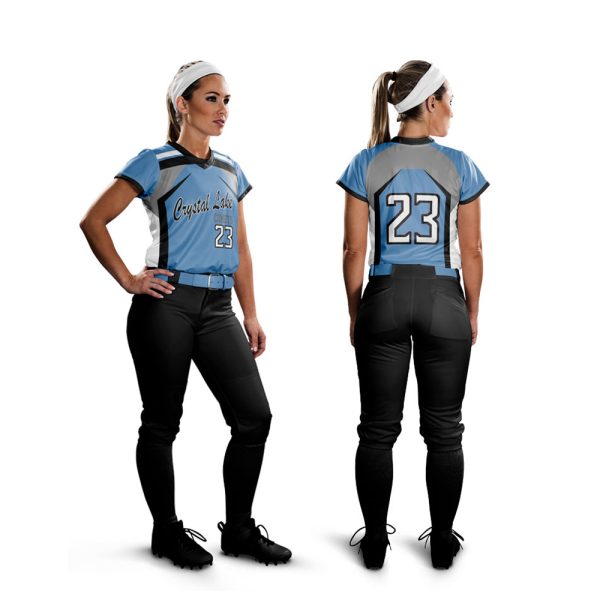 Front and back view of a women's custom softball uniform in blue, black, and white with Crystal Lake Comets logo and number 23.
