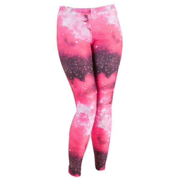 Women’s pink galaxy print leggings with cosmic star pattern.
