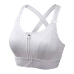 White high impact sports bra with front zipper and cross-back straps.
