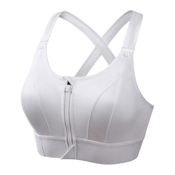 White high impact sports bra with front zipper and cross-back straps.