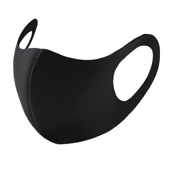 Black reusable face mask with soft fabric and ear loops for comfortable fit.