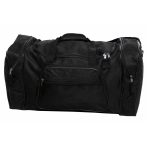 Large black sports duffle bag with multiple zipper compartments and handles.