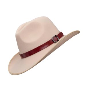 Cream cowboy hat with a curved brim and a red leather belt accent.