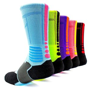 Five pairs of colorful cushioned athletic crew socks for men and women.