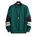 Green color block sweatshirt with black and white sleeve accents, men’s casual pullover.