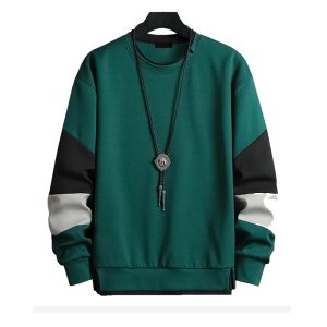 Green color block sweatshirt with black and white sleeve accents, men’s casual pullover.