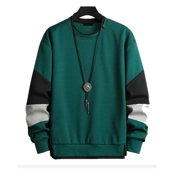 Green color block sweatshirt with black and white sleeve accents, men’s casual pullover.