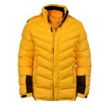 Yellow puffer jacket with black detailing, featuring a hood and insulated design.