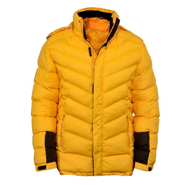 Yellow puffer jacket with black detailing, featuring a hood and insulated design.