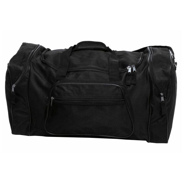 Large black sports duffle bag with multiple zipper compartments and handles.