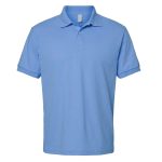 Light blue short sleeve polo shirt with classic collar and button placket.
