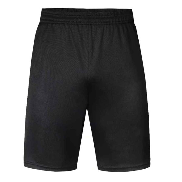 Men’s black athletic shorts with elastic waistband, ideal for workouts and sports.