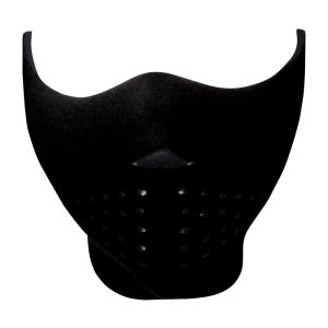 Black sports face mask with perforated ventilation panel for easier breathing.