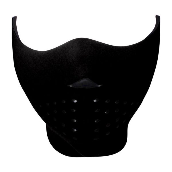 Black sports face mask with perforated ventilation panel for easier breathing.