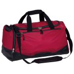 Red and black two-tone sports duffle bag with adjustable shoulder strap and zipper pockets.