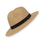 Tan straw fedora hat with a black band for a classic, stylish look.