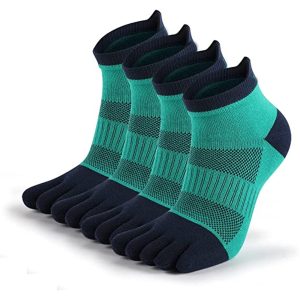 Four pairs of breathable five-toe athletic low-cut socks in teal and navy color.