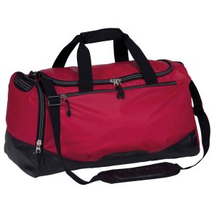 Red and black two-tone sports duffle bag with adjustable shoulder strap and zipper pockets.