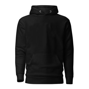 Plain black pullover hoodie with front pocket and drawstring hood.