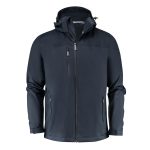 Black softshell jacket with hood and zippered pockets, men’s waterproof outdoor coat.