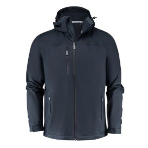 Black softshell jacket with hood and zippered pockets, men’s waterproof outdoor coat.