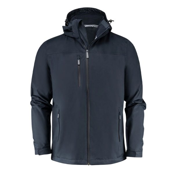 Black softshell jacket with hood and zippered pockets, men’s waterproof outdoor coat.