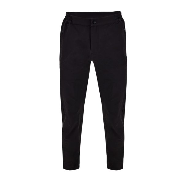 Men’s black tapered fit chino pants with button closure and minimal design.
