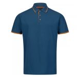 Blue short sleeve polo shirt with orange trim on collar and sleeve edges.
