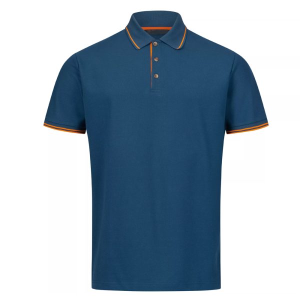 Blue short sleeve polo shirt with orange trim on collar and sleeve edges.