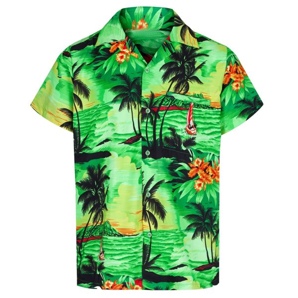 Bright green Hawaiian shirt featuring tropical palm trees, sailboats, and orange hibiscus flowers