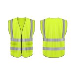 Bright yellow high-visibility safety vest with reflective stripes, shown from front and back angles