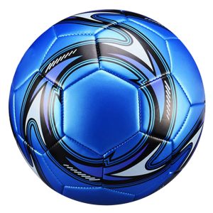 Glossy blue soccer ball with black and silver swirl graphics for professional training and match use