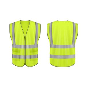 Bright yellow high-visibility safety vest with reflective stripes, shown from front and back angles