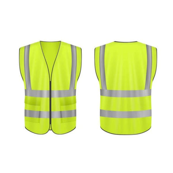 Bright yellow high-visibility safety vest with reflective stripes, shown from front and back angles