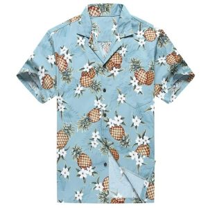Men’s Light Blue Hawaiian Shirt with Pineapples and White Floral Print