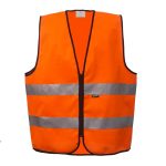 Bright orange construction safety vest with two reflective silver stripes, front view
