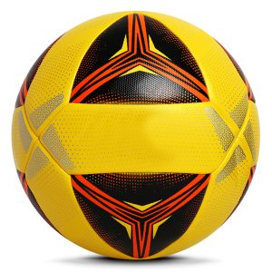 Yellow football with black and orange triangular pattern and high-contrast design